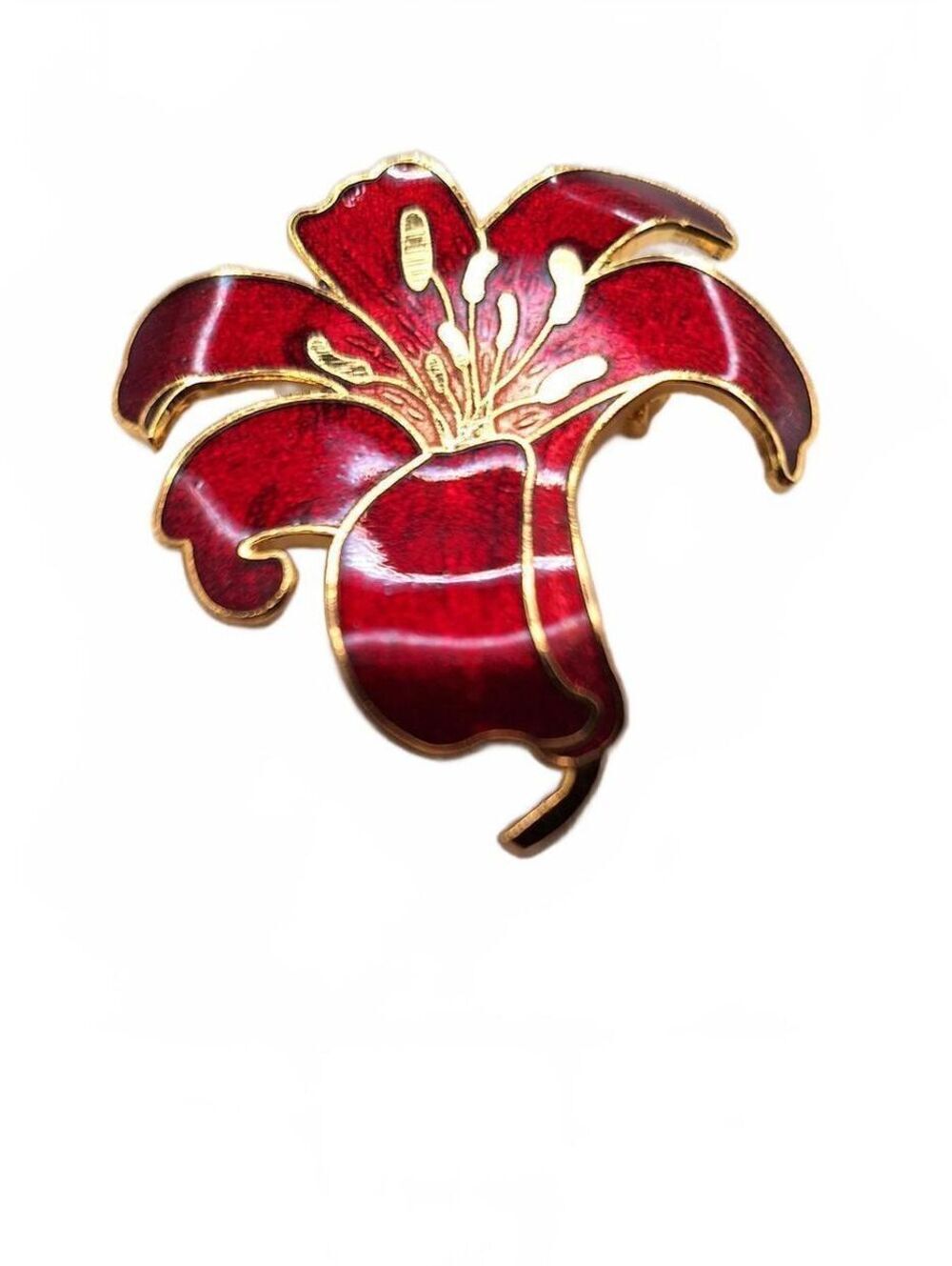 Cloisonné flower brooch pin lily red enamel